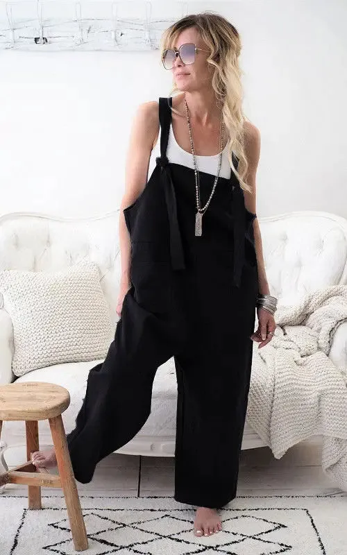 Znbbw 2024 New Brand Women Casual Loose Cotton Linen Solid Pockets Jumpsuit Overalls Wide Leg Cropped Pants hot - Image 8