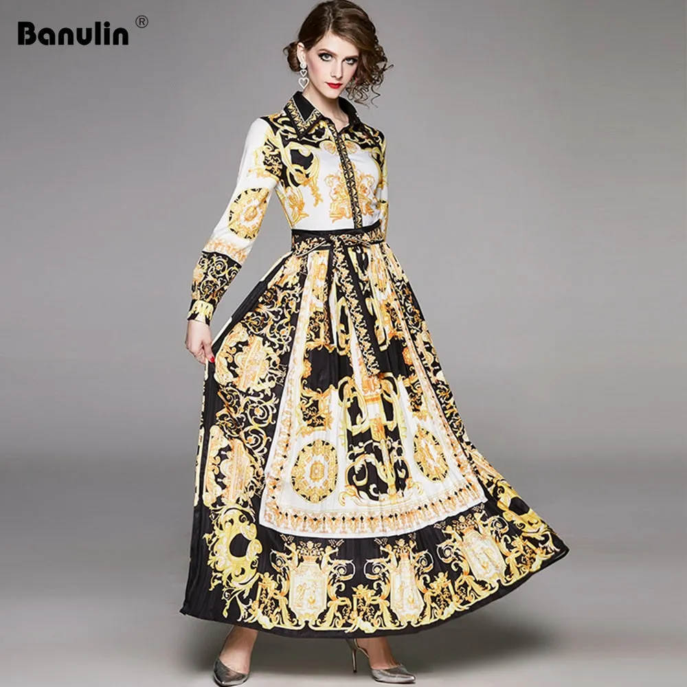 Znbbw Runway Designer Women's Maxi Dress 2023 Spring Vintage Baroque Floral Print Puff Sleeve Sashes Pleated Shirt Dress