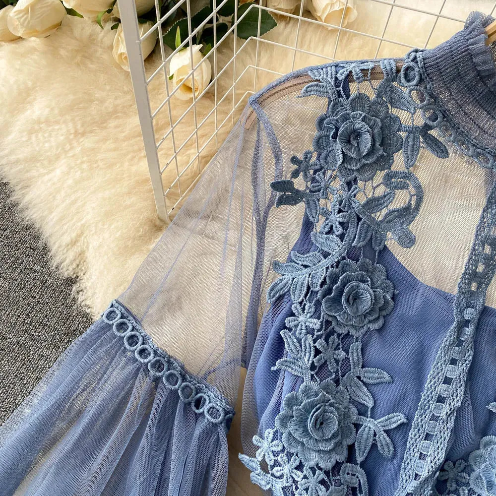 Znbbw 3D Flowers Mesh Dress 2024 Spring Summer Women Fairy Two Pieces Knee Length Solid Dresses Female Midi Dress - Image 5