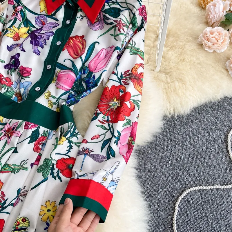 Znbbw 2023 Spring Autumn Fashion Runway Shirt Dress Women's Long Sleeve Elegant Floral Stripe Print OL Pleated Midi Dress - Image 3