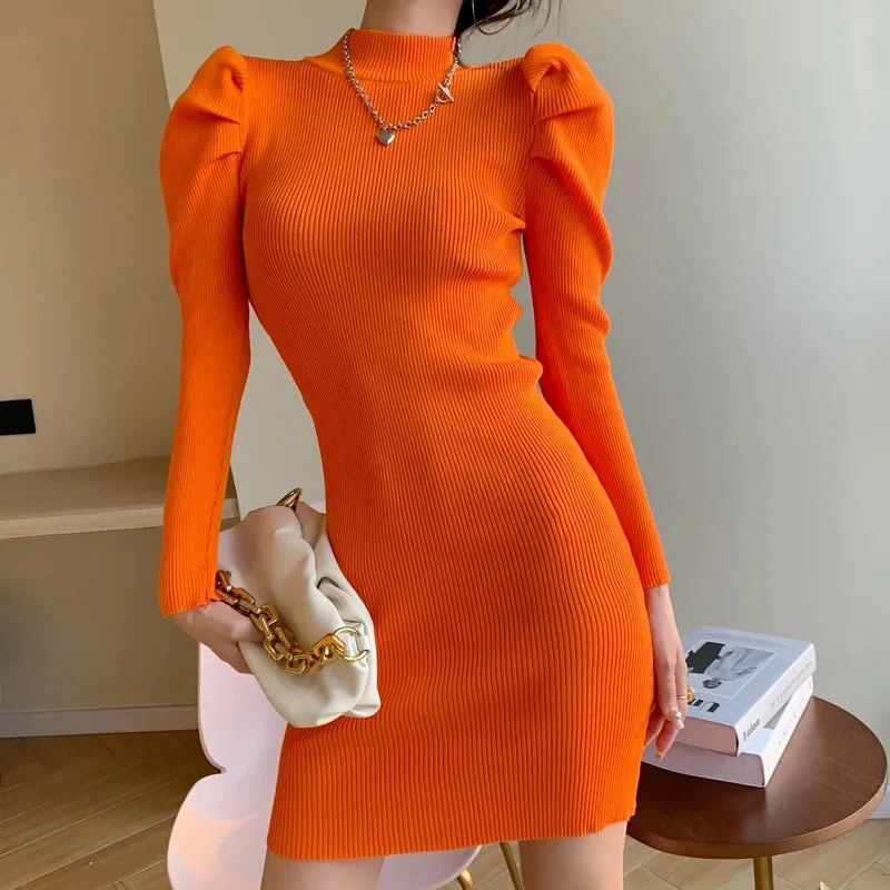 Znbbw Women Knitting Full Puff Sleeve Base Sweaters Dresses Girls Slim Turtleneck Mini Sheath Knitwear Dress Real Photos - Image 2
