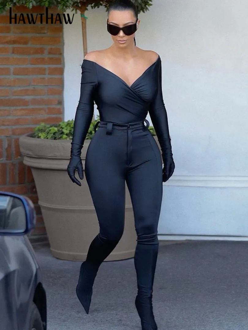 Znbbw Women Sexy Spring Autumn Long Sleeve V Neck Bodycon Black T Shirt Tops Bodysuit 2023 Fall Clothes Wholesale Items - Image 3