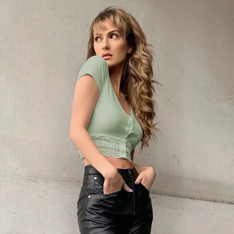 Znbbw Arrival Button Sexy Crop Top Women Ribbed Knit Korean Style Short Sleeve 2023 Fashion Casual Green Summer Tops Women Clothes - Image 3