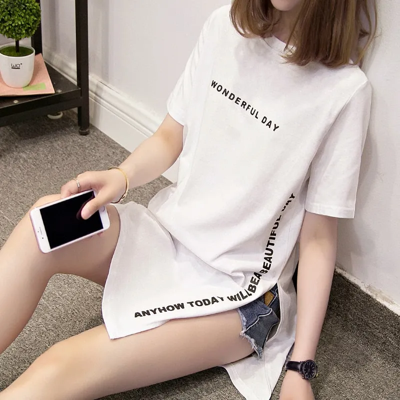 Znbbw DAY Print Long T shirts Summer Women Loose Slit Femme Tops Cotton Tshirt Short sleeve Ladies t-shirt - Image 3