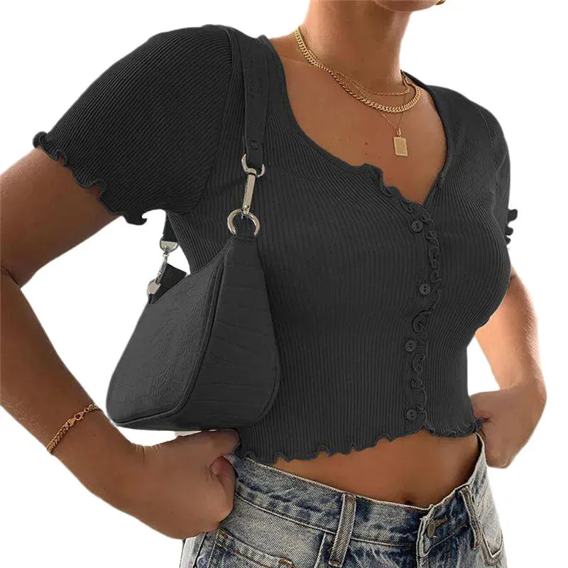 Znbbw Women V-neck Short Sleeve Ruffle T-shirt Clubwear Buttons Bodycon Solid T-shirt Crop Tops Summer Outwear tee shirt femme - Image 9