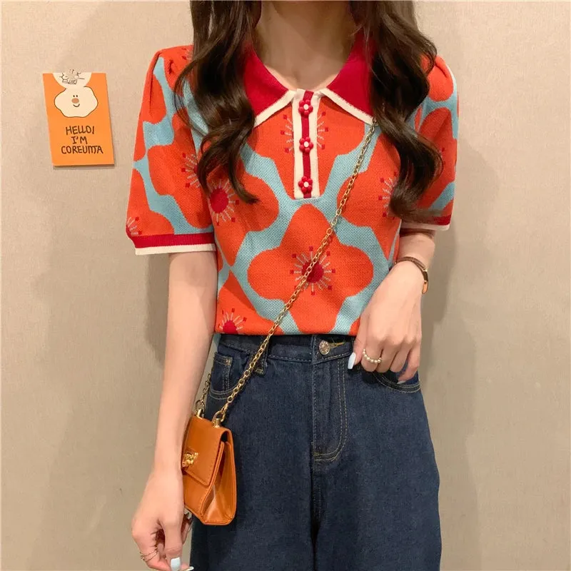 Znbbw Women Puff Short Sleeve Printed Flowers Sweaters Shirts Polo Collar Cropped Thin Sweater Pullover Crop Top For Female - Image 2