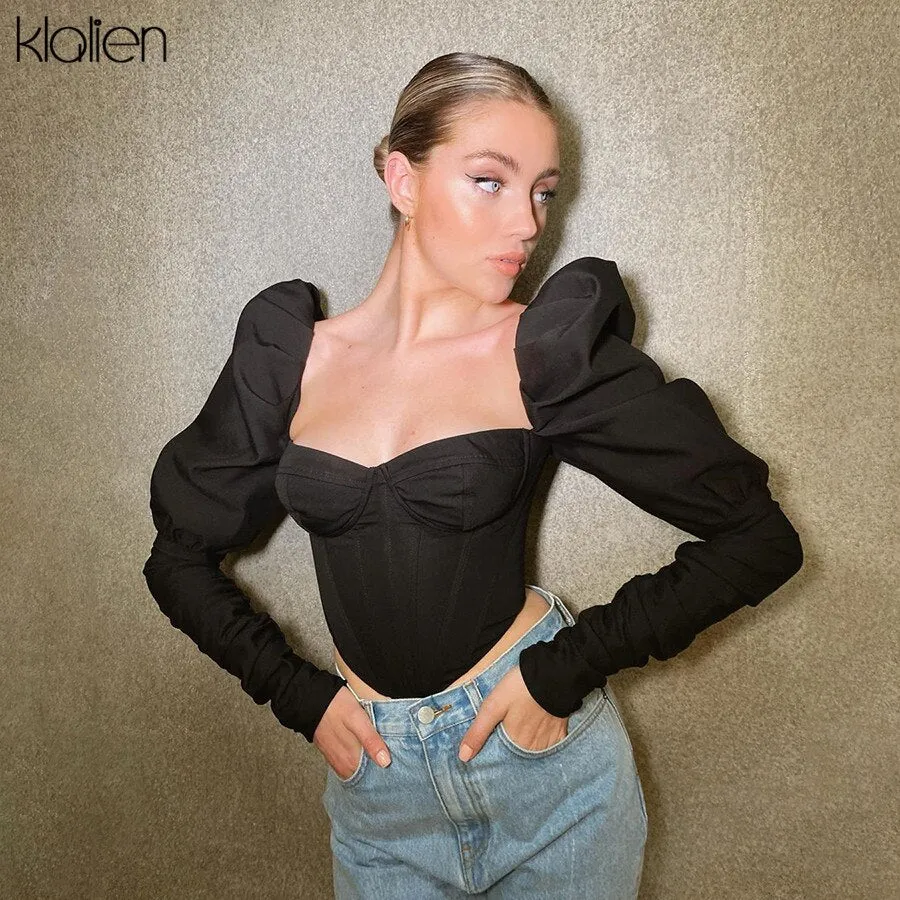 Znbbw 2023 Spring Fashion Elegant Puff Sleeve Square Collar T Shirt Women Skinny Casual Streetwear Crop Corset Top Ladies - Image 6