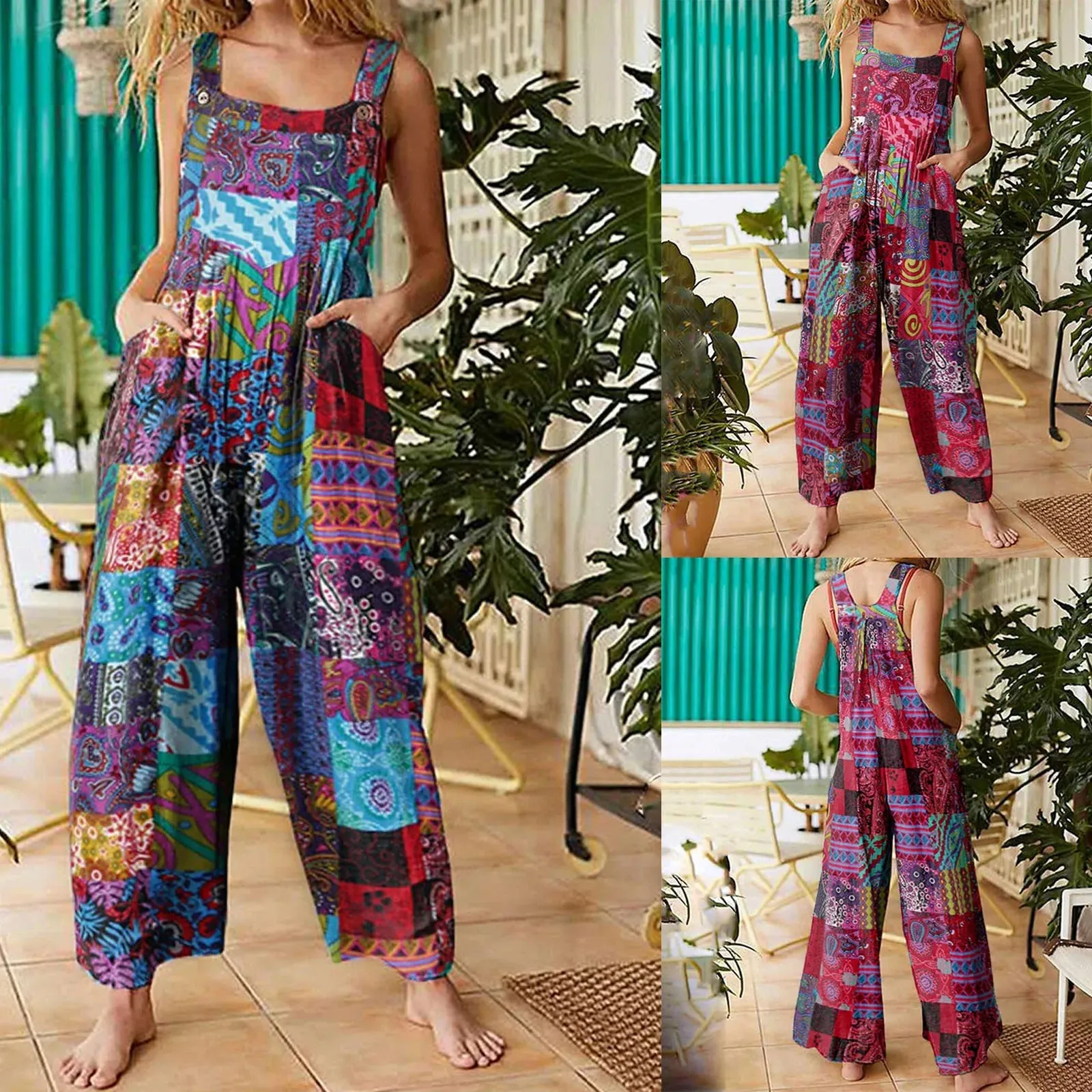 Znbbw Women Jumpsuits Summer Overalls Multicolor Ethnic Style Square Neck Sleeveless Casual Rompers with Pockets for Girls Playsuit - Image 2