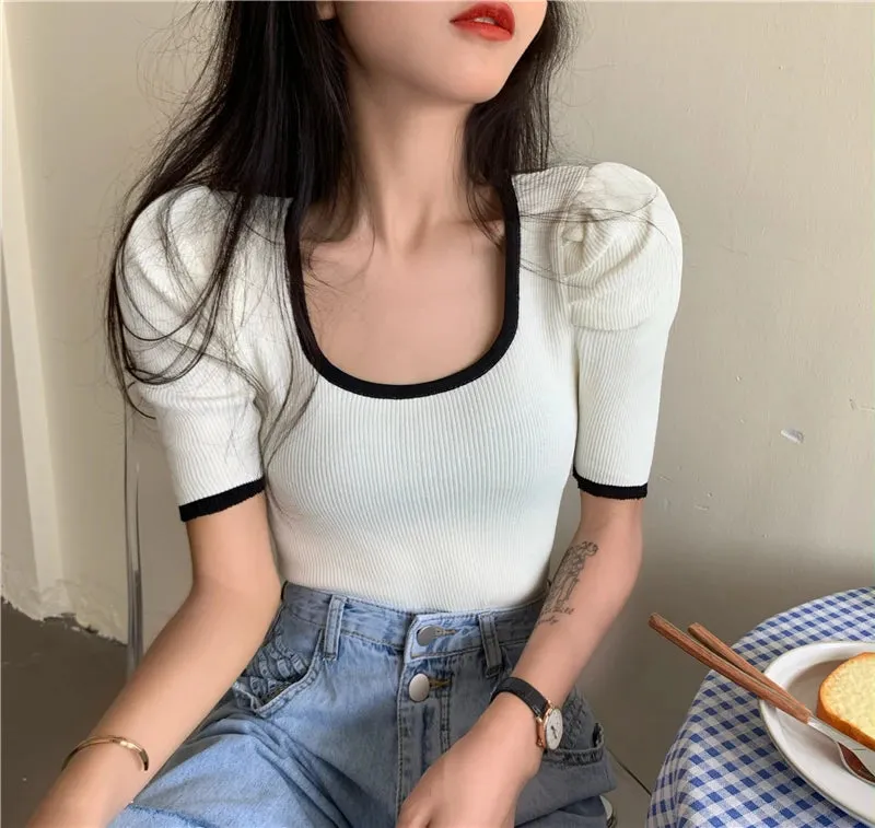Znbbw Women Short Puff Sleeve Tee Shirts Lady Fashion Patched Square Collar Knit Stretchy Chic Crop Tops T-shirts For Girls Summer - Image 5