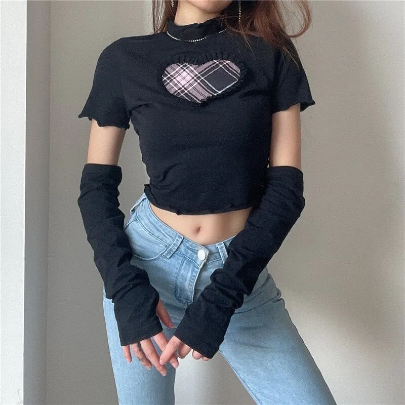 Znbbw Women Girls Sweet Sexy Punk Plaid Heart Patchwork T-Shirts Short Sleeve O Neck Slim Fit Casual Crop Top With Sleeve Streetwear - Image 3