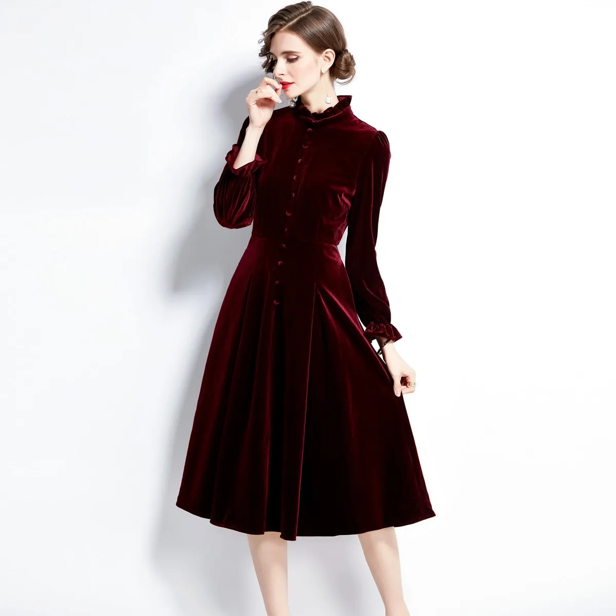 Znbbw 2023 Autumn Winter Runway Red Velvet Evening Party Dress Women Stand Collar Long Flare Sleeve Vintage Midi Dress N78818 - Image 3