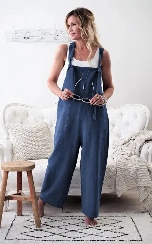 Znbbw 2024 New Brand Women Casual Loose Cotton Linen Solid Pockets Jumpsuit Overalls Wide Leg Cropped Pants hot - Image 5