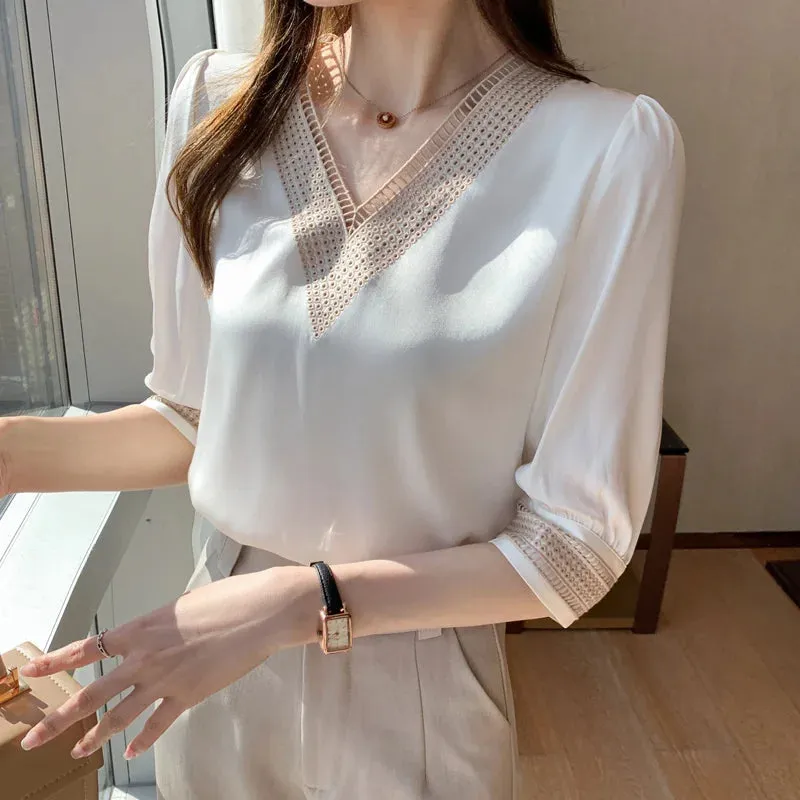 Znbbw Women Shirts Blouses Femme White Blouse Tops Women Blusas Mujer De Moda 2023 Verano V-Neck Chiffon Blouse Shirt Tops Blusas E608 - Image 2