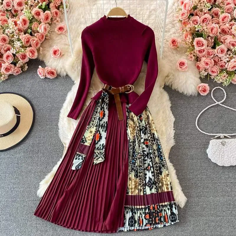 Znbbw 2023 Autumn Winter Fashion Runway Vintage elastic Knitted Dress Women Long Sleeve Patchwork Pleated Belted Midi Dress - Image 3