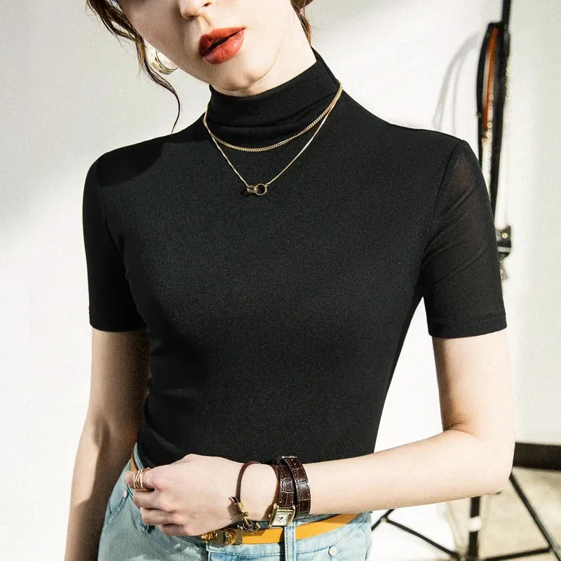 Znbbw Women Half Turtleneck Base Simple TShirts Slim Soft Short Sleeve T Shirts Lady Mesh Elegant Stretchy Tops Tees Female - Image 3
