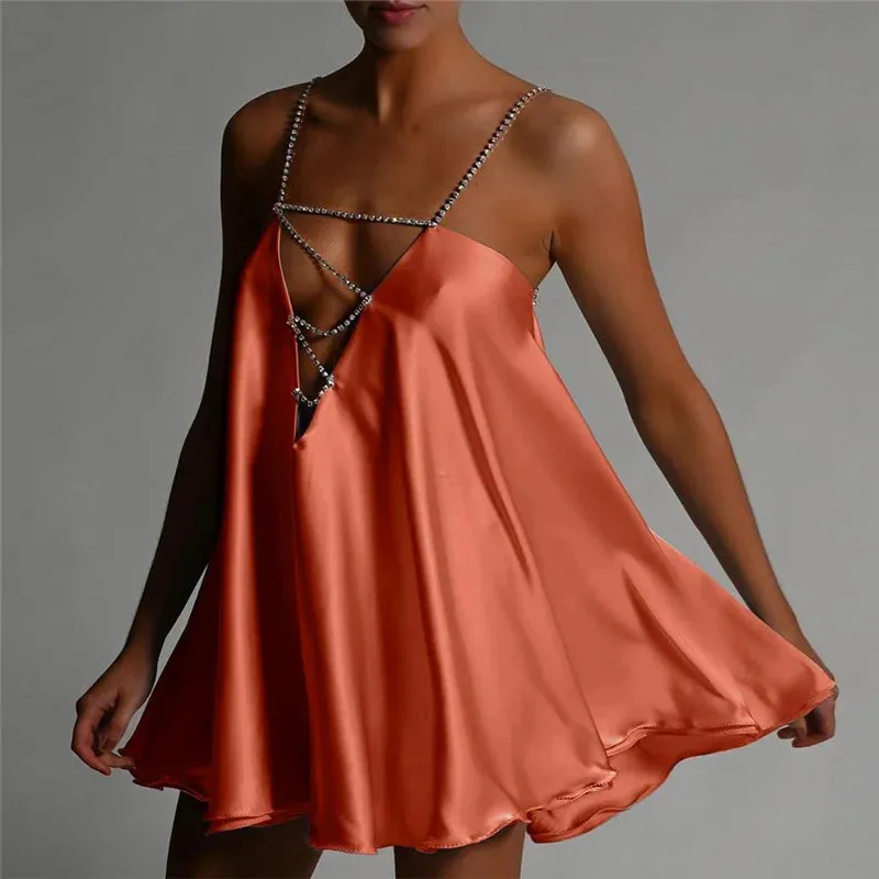 Znbbw Women???s Chain Suspender Short Dress Fashion Solid Hollow V-neck A-line Mini Flared Dress Party Club Backless Vestidos - Image 6