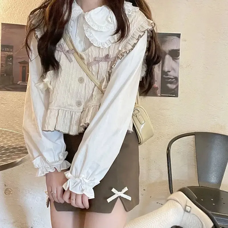 Znbbw Autumn Kawaii Sweater Vest Women Loose Bowknot Japanese Sweet Cute Knitted Vest Ruffle Korean Fashion Button-down Cardigan - Image 5