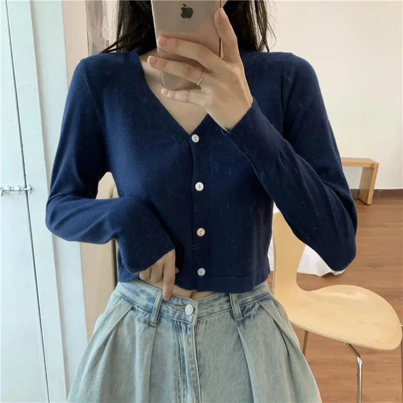 Znbbw Women V-Neck Knitted Casual Short Sweaters Cardigans Lady Full Sleeve Thin Cardigan Outwear Crop Top for Female - Image 2