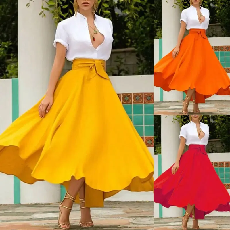 Znbbw Women's Solid Color High Waist A Line Skirt Fashion Slim Waist Bow Belt Pleated Long Maxi Skirts Red Orange Yellow - Image 2