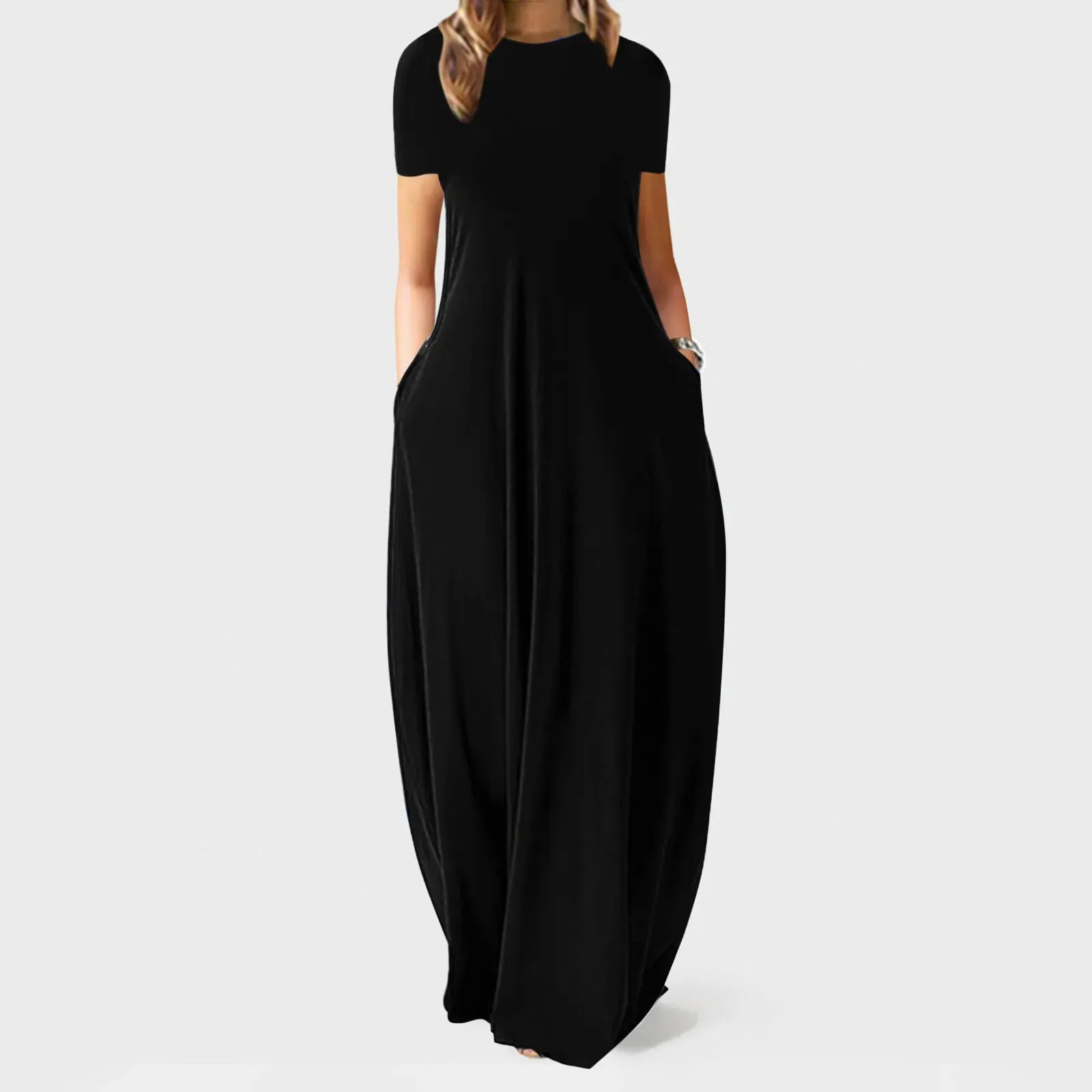 Znbbw Women's Summer Casual Dress Fashion Black Draped Long Dress Loose High Waist Short Sleeve Solid Color Maxi Dress Vestidos Mujer