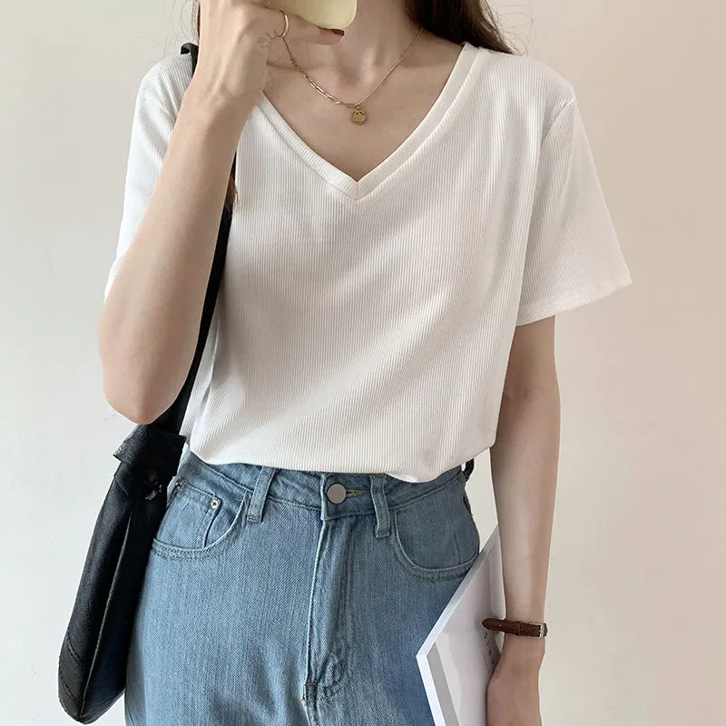 2025 Summer New Threaded Pure Color Short-Sleeved Knitted V-Collar T-Shirt Design Feeling Bottomed Blouse - Image 8