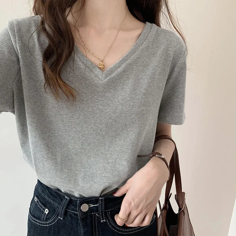 2025 Summer New Threaded Pure Color Short-Sleeved Knitted V-Collar T-Shirt Design Feeling Bottomed Blouse - Image 2