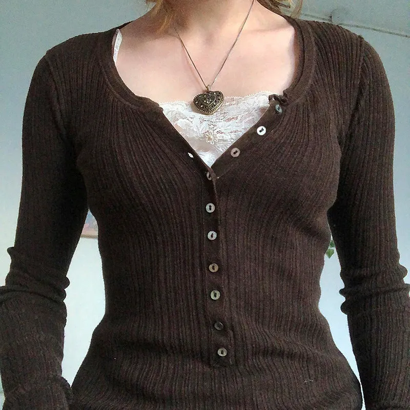 Slim And Slim Internet Celebrity Fashion Brown Knitted Spliced Lace Blouse In The Fall Of 2024 - Image 3