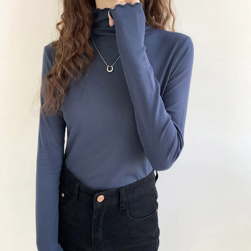 Agaric Edge Long-Sleeved Blouse 2025 Early Spring New Women's T-Shirt White Threaded High-Neck Bottomed Shirt - Image 9