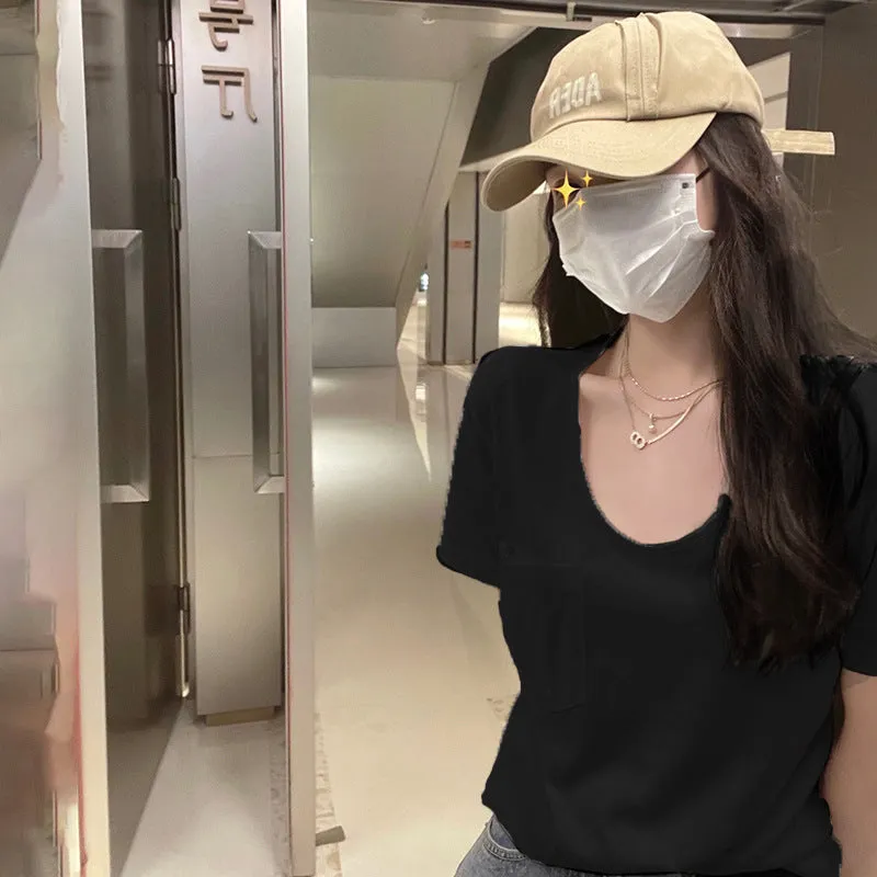 Sweet Cool Spicy Girls Korean Version Of The Shoulder Low-Collar Short-Sleeved T-Shirt Women's New Design Feel Tight Show Thin Bottomed Blouse