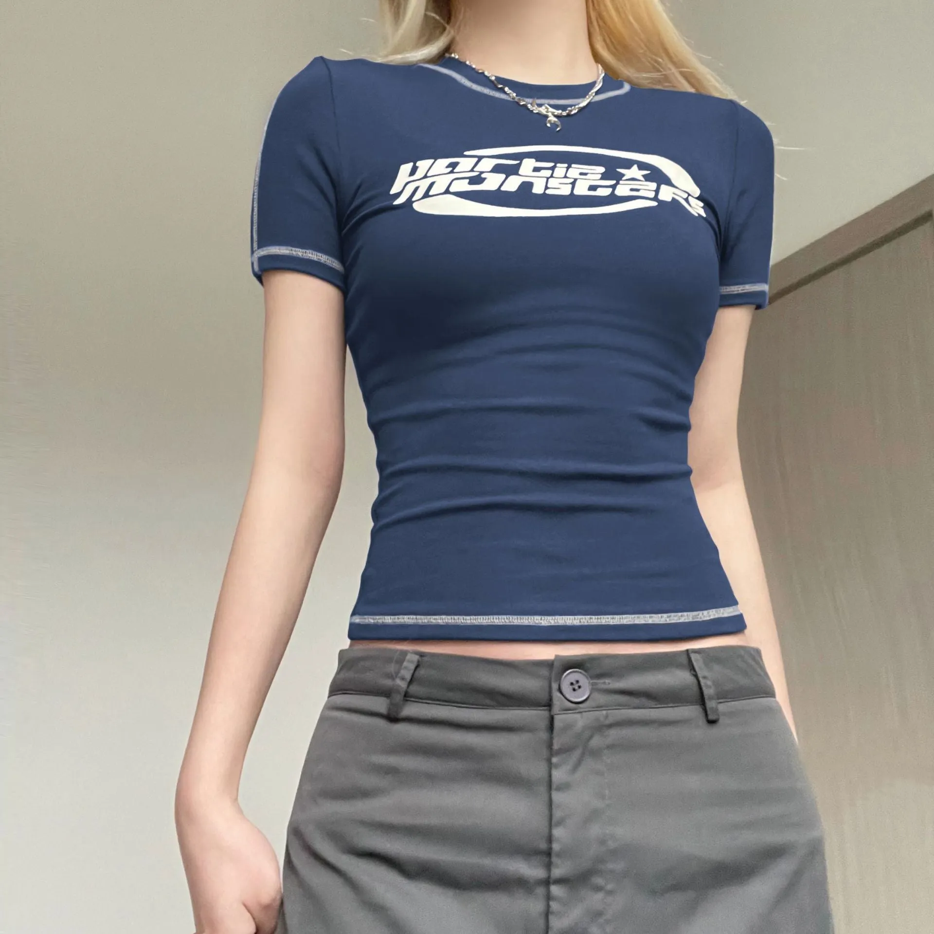 Ins Style Spring And Summer Women's Wear 2024Ins Hot Girls Street Celebrities Gray Function Wind Printed Short-Sleeved T-Shirt Women - Image 4