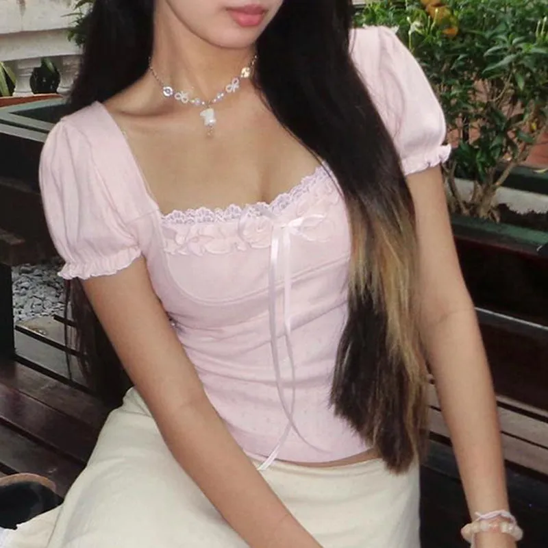 Summer Fresh Romantic Pure Color Square Collar Bubble Sleeve Girl T-Shirt Ins Trend Slim Casual Blouse New Style - Image 4