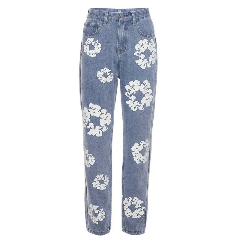 Znbbw 2024 Men's And Women's New Street Fashion Printed High-Waisted Straight Tube Slim Jeans