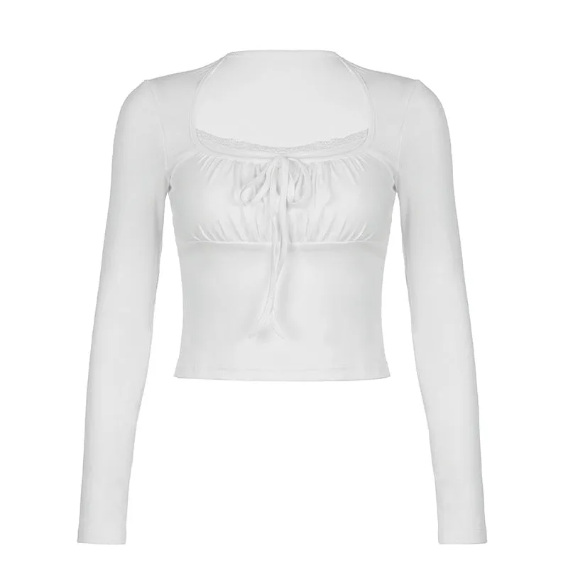 Pure Lace Pleated Chest-Shaped Slim Long-Sleeved T-Shirt 2025 New Style - Image 5
