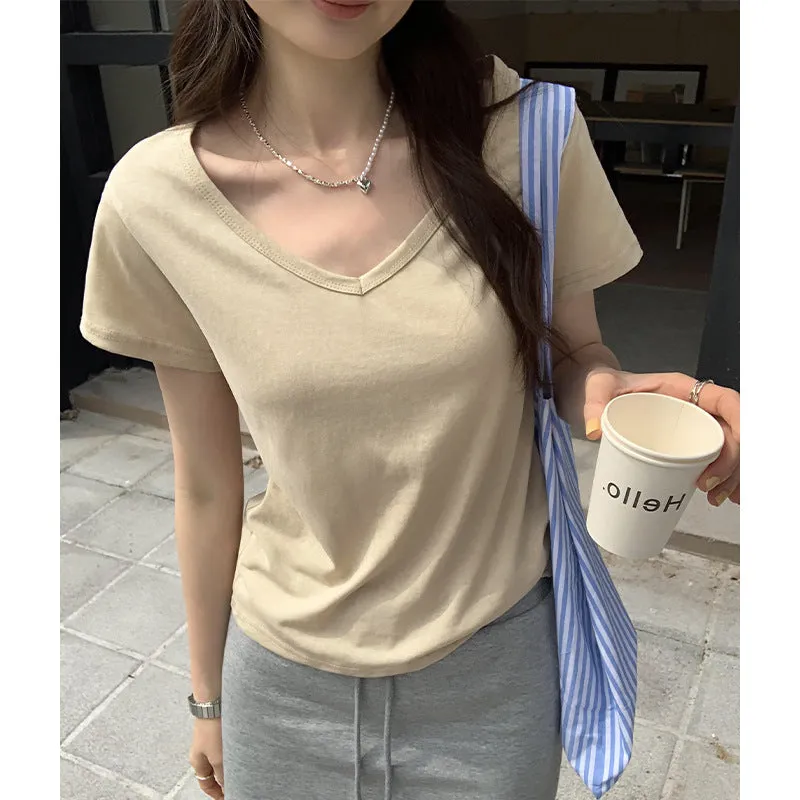 Simple V-Collar Solid Color T-Shirt Small Short-Sleeved T-Shirt Women's New Slim And Thin Underwear In Summer