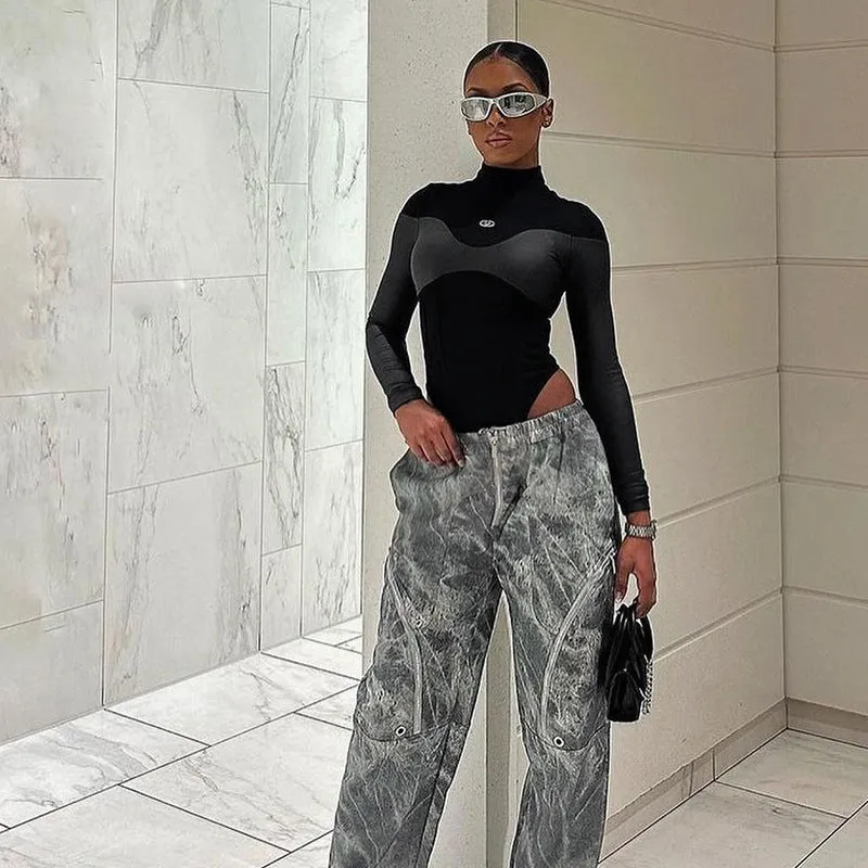 Znbbw Autumn New Dark Fashion Sexy Slim Leather Spliced Long-Sleeved Jumpsuit Women's Dress - Image 6