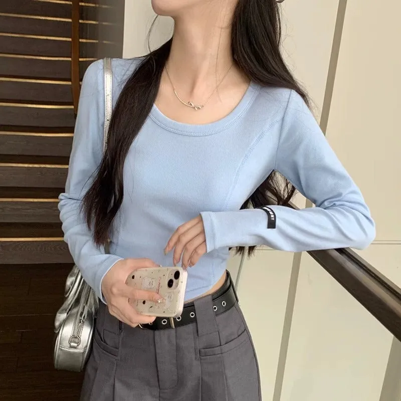 Znbbw Design Label Large Round Neck Long-Sleeved T-Shirt Women's Early Autumn Low-Collar Bottomed Blouse Threaded Slim Blouse