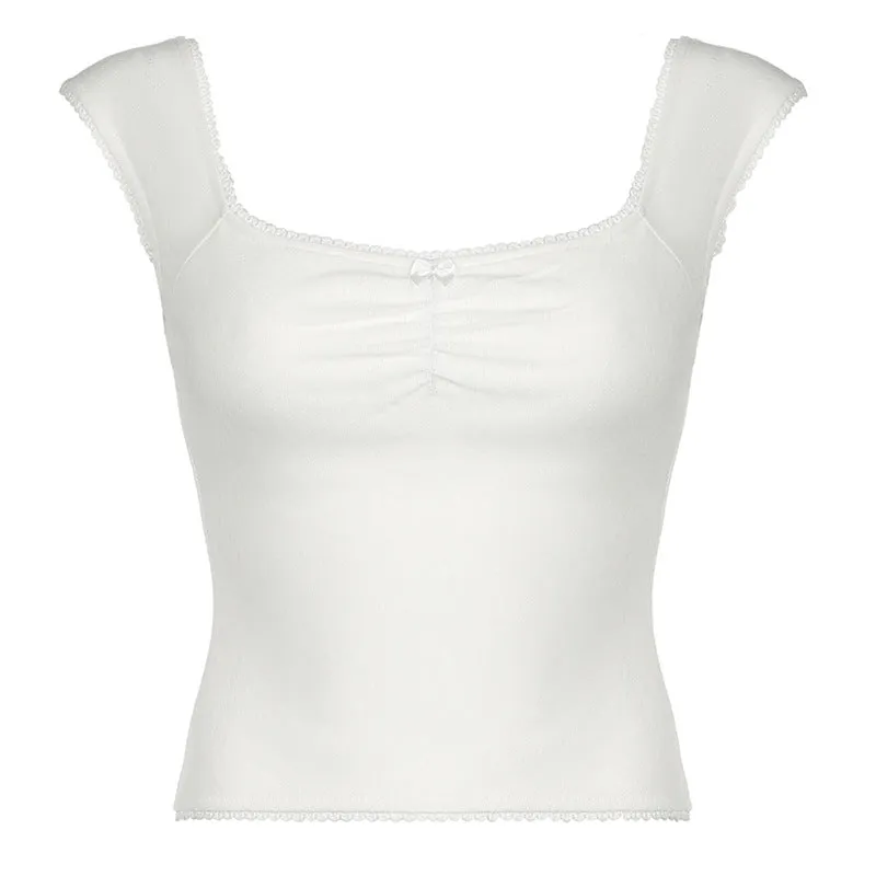 Gentle Style Small Lace Pleated Square Collar Short-Sleeved T-Shirt Ins Girls Fresh Wear Bare-Back Blouse 2024 - Image 6