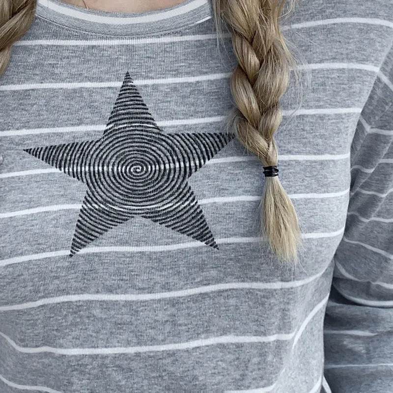 Street Striped Five-Pointed Star Leisure T-Shirt Women's Autumn Daily Simple Commuter Star Hit Color Long-Sleeved Blouse - Image 3