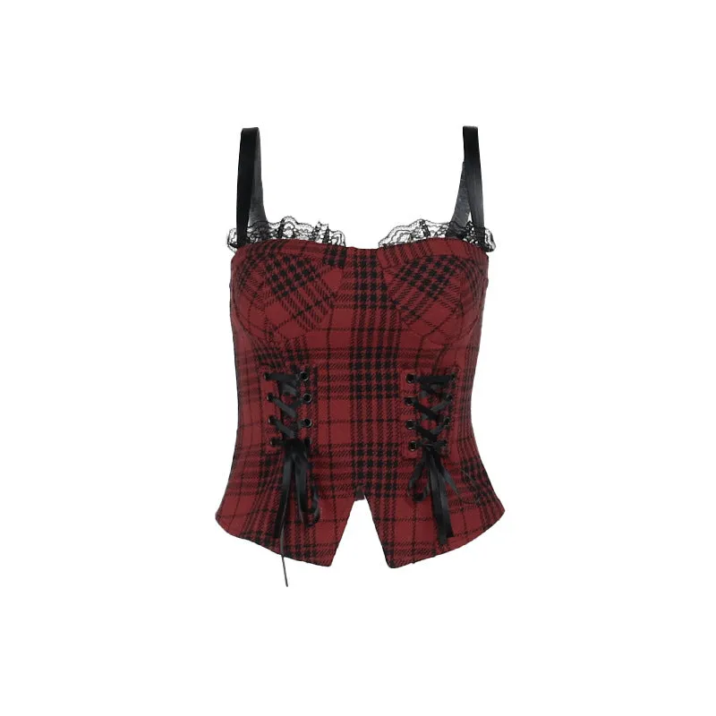 Znbbw Autumn New Sexy Hot Girl Blouse Dark Style Slim Christmas Red Plaid Vest Girl - Image 2