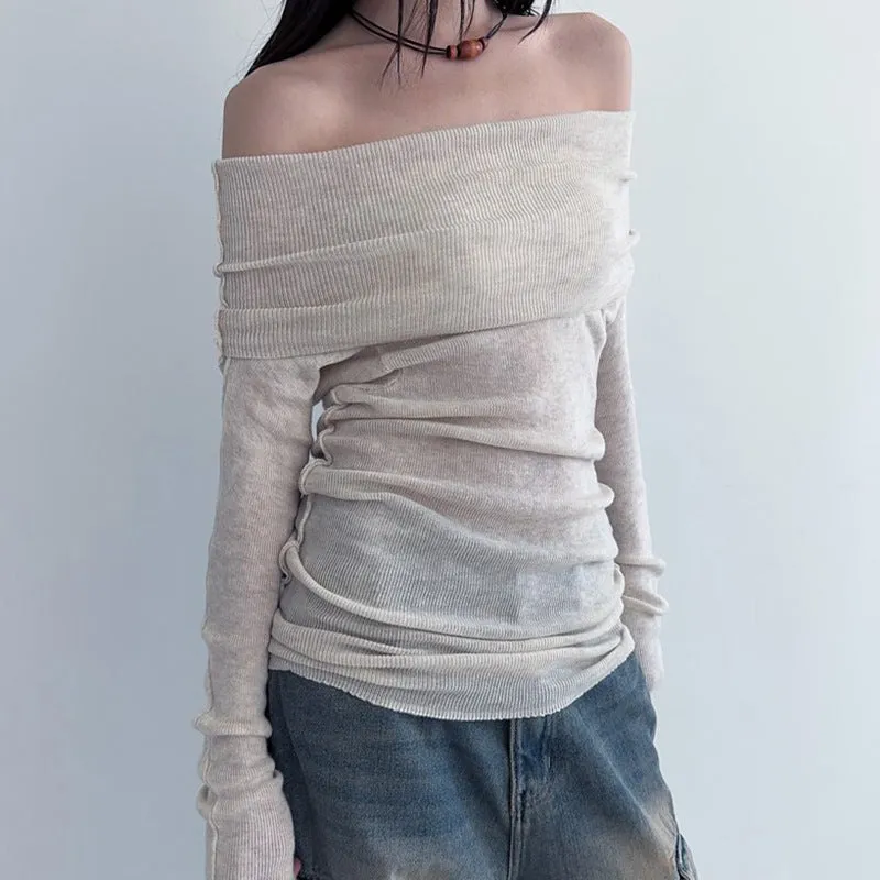 French-Style Shoulder Gentle Knitted Blouse Woman 2025 Early Autumn Solid Color Slim Showing Thin Shoulder Hot Girl Long-Sleeved T-Shirt - Image 4