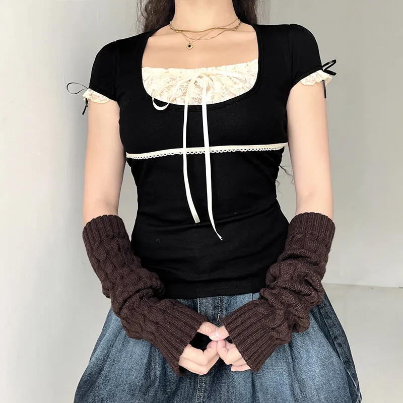 Street Fashion Winter Ebay Color Splicing Lace Square Tie Fresh And Sweet Blouse Girl - Image 3