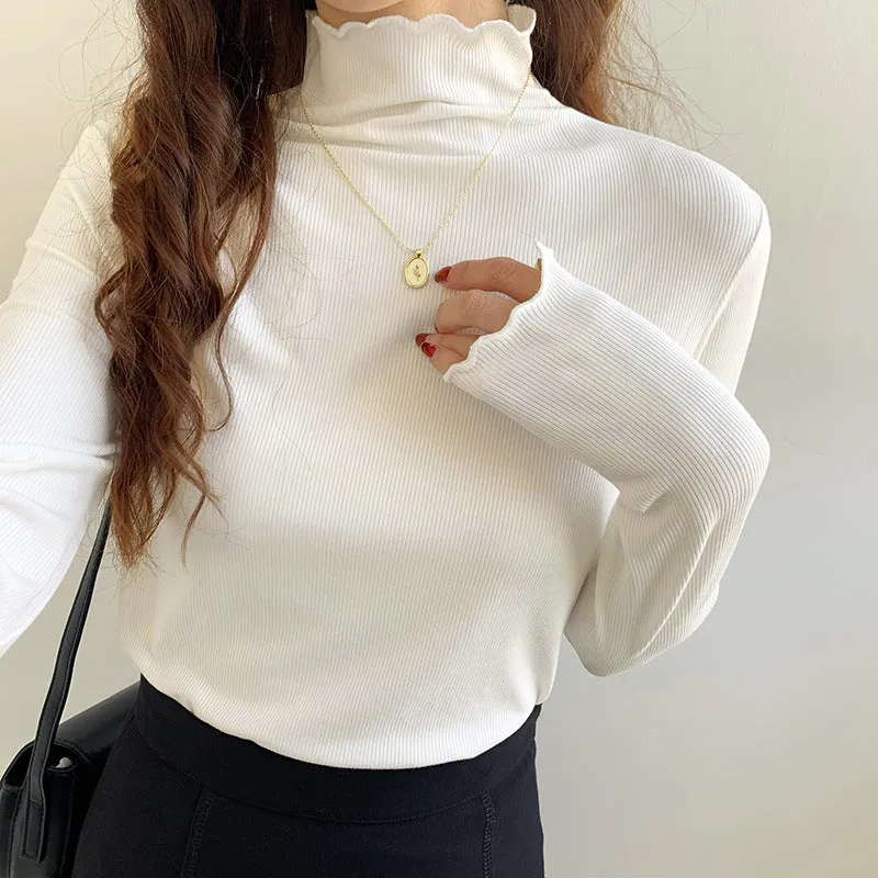 Agaric Edge Long-Sleeved Blouse 2025 Early Spring New Women's T-Shirt White Threaded High-Neck Bottomed Shirt - Image 10