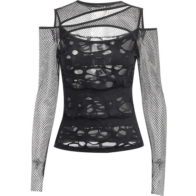 Znbbw Autumn New Personality Women's Wear Dark Wind Hot Girl Sexy Slim Grid Hole Long-Sleeved Top Girl - Image 2