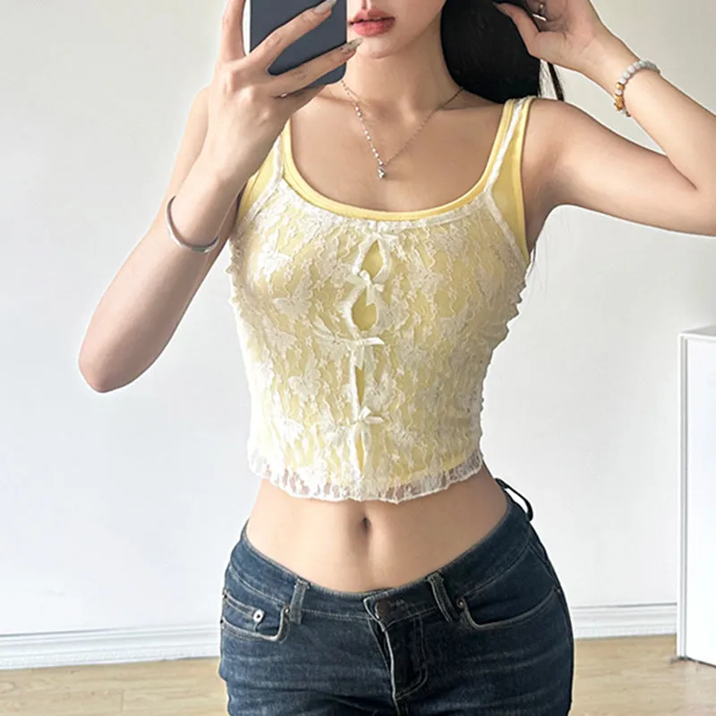 Little Fresh Girl Lace Splicing Yellow Bow Harness Dopamine Pure Desire To Fold And Wear A Two-Piece Set - Image 5