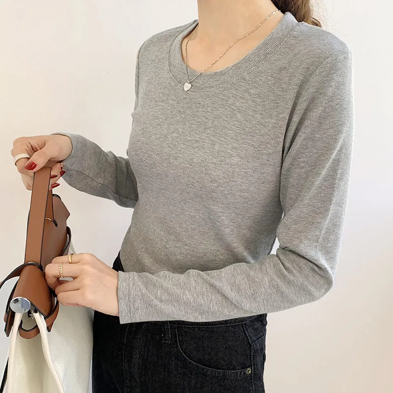 Spring And Autumn Simple Slim Bottomed Shirt Women 2025 Autumn And Winter New Style White Shirt With Round Collar And Long Sleeves T-Shirt - Image 2