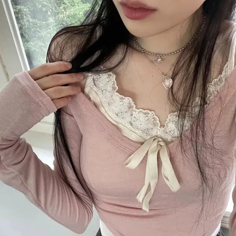 Hot Girls Sexy Lace Straps Tight Show Thin Knitted Long Sleeves Two-Piece Set 2024 Pure Sweet Wind Blouse Girl - Image 4