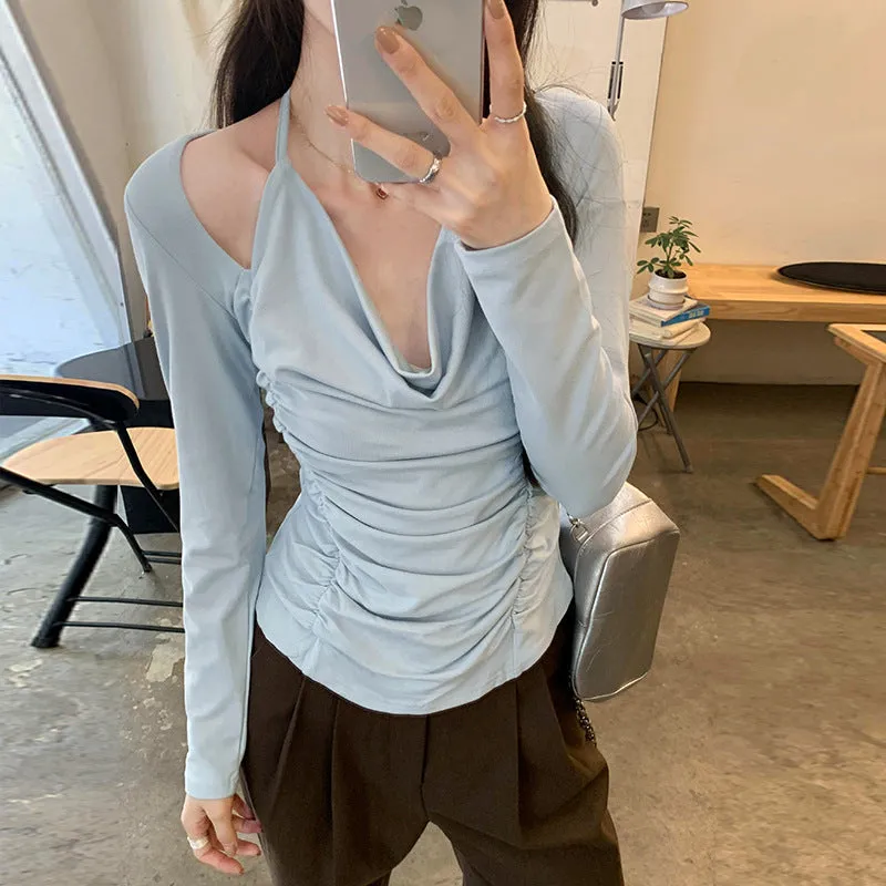 French Chic Shoulder-Exposed Shoulder Collar Long-Sleeved T-Shirt Women's Early Autumn New Pleated Thin Blouse - Image 5