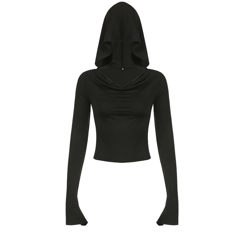 Dark, Windy Collar, Shoulder Sexy, Hooded Blouse, 2025 Slim, Solid Color, Long-Sleeved T-Shirt. - Image 2