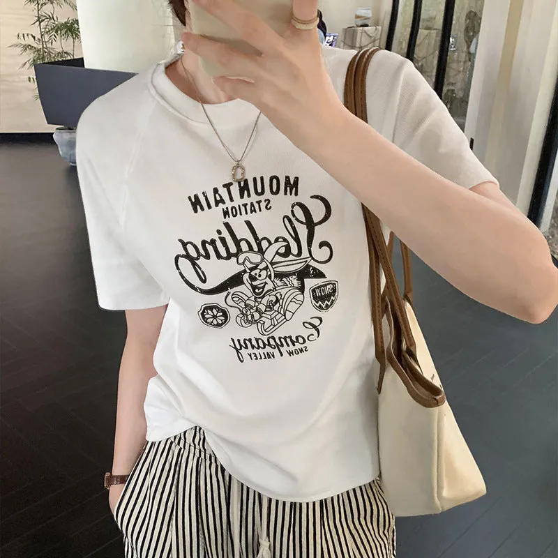 Vintage European High-End Print Loose Shoulder-Inserting Short-Sleeved T-Shirt Women's Summer 2024 New Blouse - Image 6