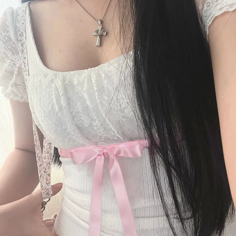 Sweet And Spicy Square Collar Lace Stitching Pink Bow Tie With Bubble Sleeves Slim T-Shirt 2024 - Image 3